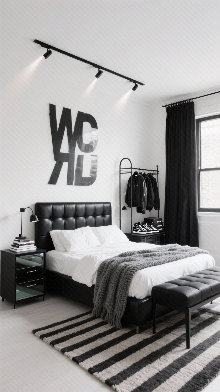 Photorealistic wide shot of a street-luxe monochrome bedroom: crisp white walls, a black leather channel-tufted headboard with white percale sheets and a chunky gray knit throw; matte black nightstands with sharp edges and smoked-glass drawer fronts; oversized typography art on the wall; black metal clothing rack displaying jackets and sneakers with stacked sneaker boxes beneath; low black bench at the foot of the bed; striped wool rug for contrast; track lighting casting focused beams; blackout drapes framing the window; monochrome coffee table books stacked neatly; clean minimal styling, slightly elevated corner angle.