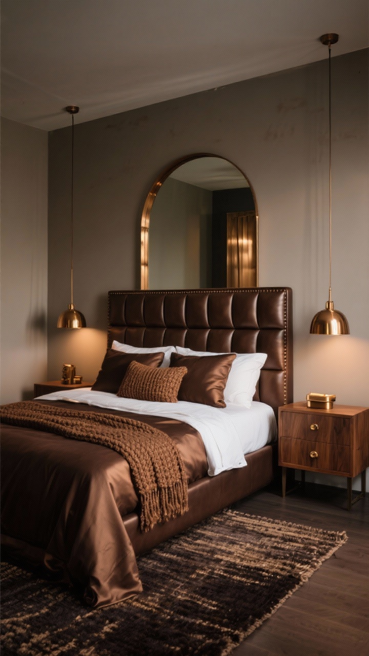 Photorealistic wide shot, “Rich Mocha Glam With Bronze Drama”: moody small bedroom layering mocha brown, espresso, and burnished bronze; channel-tufted espresso faux leather headboard, mocha sateen sheets with a crisp white top sheet and a bronze knit throw; narrow warm-wood nightstands with bronze pulls; bronze pendant lights hung low on each side of the bed; soft greige walls; a bronze-framed arched mirror reflecting light and making the room feel taller; dark jute rug grounding the space; hotel-chic, warm evening lighting, straight-on composition