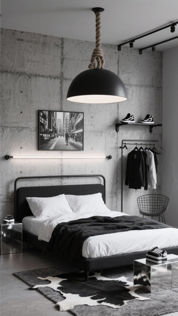Photorealistic wide shot, street-luxe monochrome: a concrete-look accent wall behind a matte black bed frame dressed in crisp white bedding with a sharp black duvet folded at the foot; chrome cube side tables; a rope pendant lamp overhead; oversized black-and-white street photography; a graphite low-pile area rug (or cowhide) under the bed; industrial open clothing rails with matching hangers; matte black hardware; a wire-frame chair; stacked sneakers displayed like art; a linear LED light bar behind the headboard creating a subtle halo. Cool urban lighting with soft LED glow and high contrast, no people.