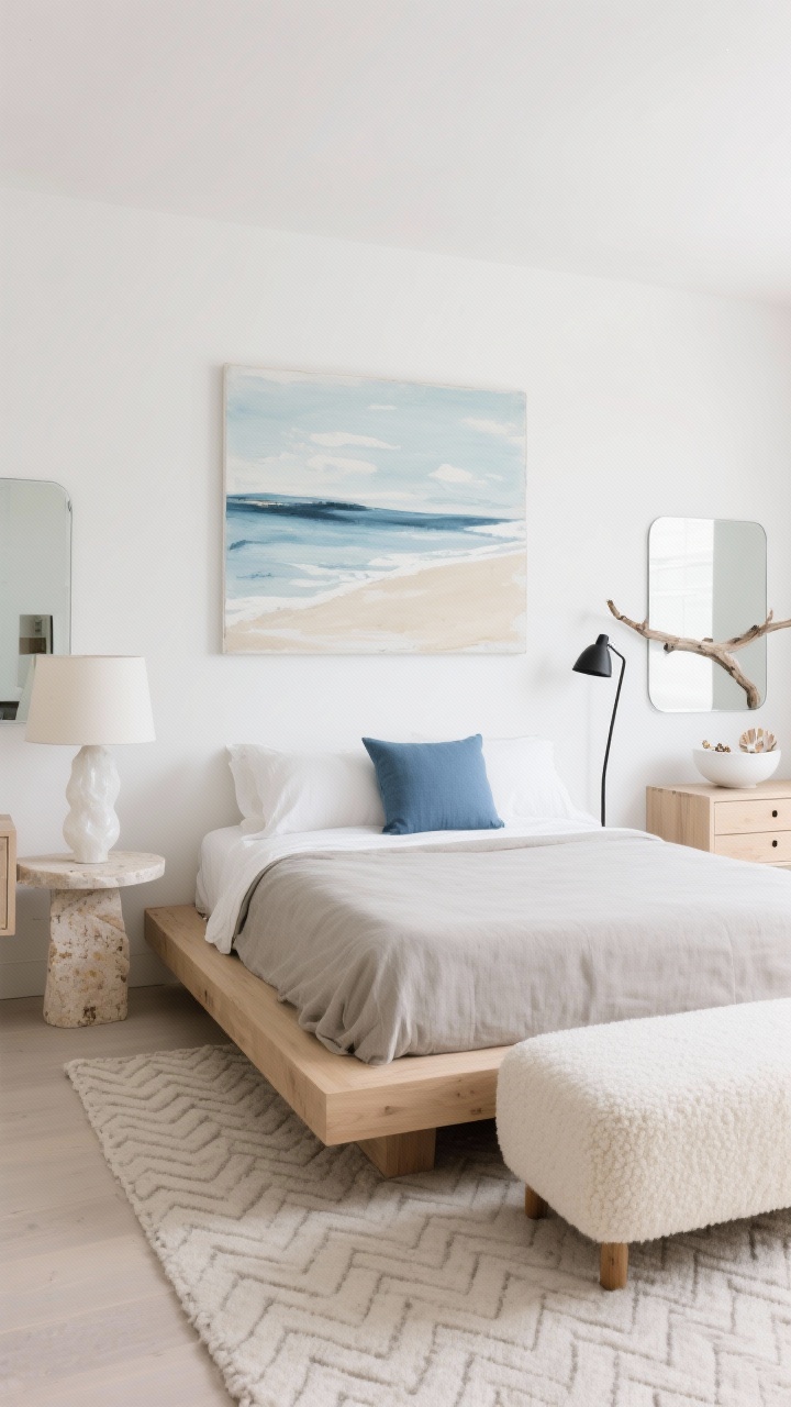 Straight-on medium-wide shot, Modern Minimal Coastal: Warm white walls and a pale oak platform bed with stone-colored linen bedding and a single marine-blue lumbar pillow. Beside the bed, a travertine side table with a sculptural alabaster table lamp; a slim black-iron floor lamp stands nearby. At the foot, a low bouclé bench in cream. On the floor, a flatwoven wool rug in subtle tone-on-tone herringbone. Two frameless mirrors reflect light. Above the bed, one large abstract art piece in soft blues and creams, like shoreline brushstrokes. A driftwood branch rests on a minimalist dresser with a white ceramic bowl for jewelry. Palette: sand, shell, cloud, ink; negative space emphasized; photorealistic.