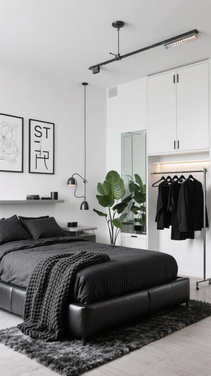 Wide angle from a corner: Street-Luxe monochrome bedroom in black, white, and graphite with gunmetal accents; a black vegan leather platform bed with ribbed bedding, waffle-knit throw, chunky wool rug to soften sharp lines; floating night shelves and cable-managed swing-arm sconces; graphic typography prints and minimalist line drawings on white walls; built-in wardrobe with flat fronts and hidden pulls; industrial pendant or track lighting with dimmers; one oversized greenery moment (fiddle leaf) near a mirror with LED backlight; a steel clothing rack styled boutique-like with black hangers and curated fits; crisp, cool, editorial feel, photorealistic, no people.