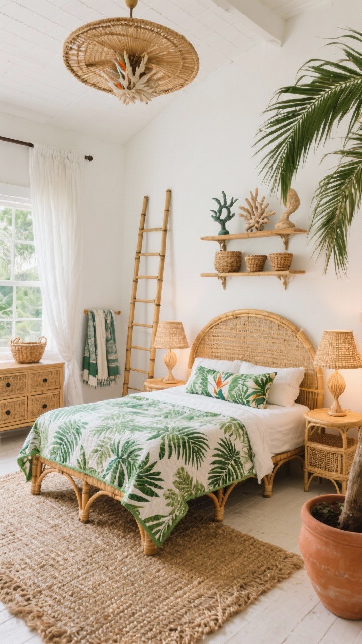 Wide diagonal room shot, Tropical Rattan Retreat: Milky coconut white walls with a curved rattan bed in honey tones centered, dressed with a patterned quilt in leafy jungle green and a palm-print bolster. Underfoot, a hand-braided seagrass rug. Gauzy white drapes filter daylight. On each side, open-weave rattan lamps glow warmly; nearby, nesting tables with caned shelves act as nightstands. A bamboo ladder leans against the wall holding throws. A terra-cotta pot holds an oversized palm or bird-of-paradise. Ceiling features a rattan fan. Coral-inspired sculptures are styled atop a dresser; woven baskets tuck under a window. Photorealistic, breezy boutique-bungalow vibe.