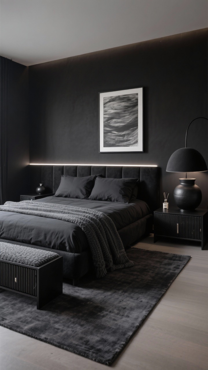 Wide, minimal straight-on shot, Minimal Monochrome Hotel Suite: serene bedroom with soft-black walls (not pitch), a fully upholstered black wool or linen bed with tailored edges. Tone-on-tone bedding: charcoal sheets, black duvet, graphite knit throw; all matte, no shine. Floating black wood nightstands, slim boucle bench, low credenza with ribbed fronts. Warm-white LED strip behind the headboard creating a gentle halo; black dome floor lamp to one side. One oversized monochrome art piece on the wall, large matte ceramic vases, discreet scent diffuser. Large charcoal rug filling most of the room, concealed storage keeping surfaces clear. Quiet, restrained luxury, photorealistic.