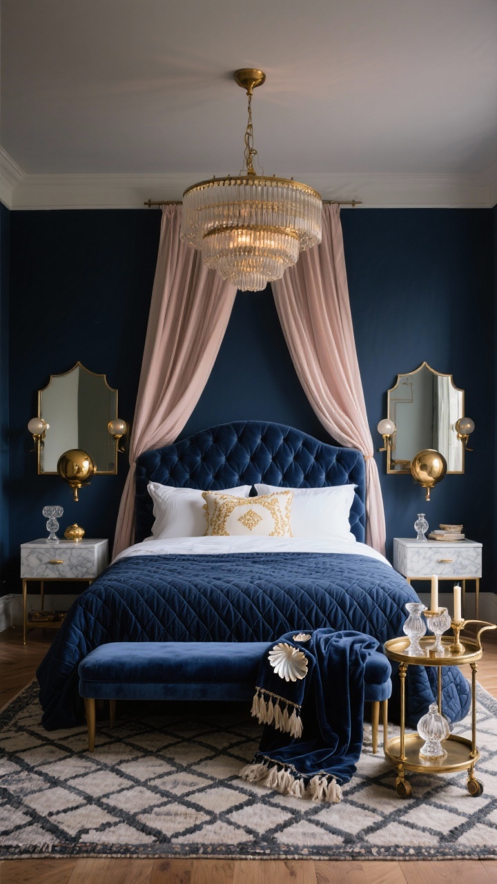 Wide, moody Boho Luxe Retreat: deep navy silky-finish walls, a channel-tufted velvet bed in midnight blue dressed with crisp white sheets, a quilted navy coverlet, and embroidered pillows in cream and gold. Symmetrical brushed brass globe sconces and edge-trimmed mirrors over marble-topped nightstands; a plush bench at the foot. Floor softened by a Moroccan trellis rug; a brass bar cart styled as a nightstand with cut-glass candleholders and a velvet throw. Capiz shell chandelier overhead and soft silk drapes pooling slightly on the floor. Palette: navy, ivory, gold, charcoal, soft blush. Photorealistic, straight-on, low evening light with chandelier and sconces adding warm highlights.