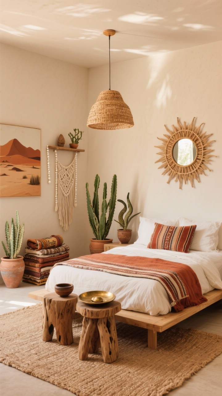 Wide room shot: A Desert Nomad Oasis boho bedroom with creamy walls, a warm woven jute rug, and a low lightwood platform bed dressed in rust and ivory linen bedding with a striped kilim throw. Above the bed, a sunburst rattan mirror and a simple macramé wall hanging. Sculptural drought-tolerant plants: snake plants, euphorbia, and aloe in patinaed clay pots, plus a trailing string of pearls on a wall shelf. Stacked raw-edge wood stools as side tables with ceramic stash bowls, vintage travel textiles, a hammered brass tray, and a desert-toned abstract print. Lighting from a woven raffia pendant casting cozy shadows. Palette of terracotta, sand, and clay. Photorealistic, straight-on view, warm late-afternoon light, no people.