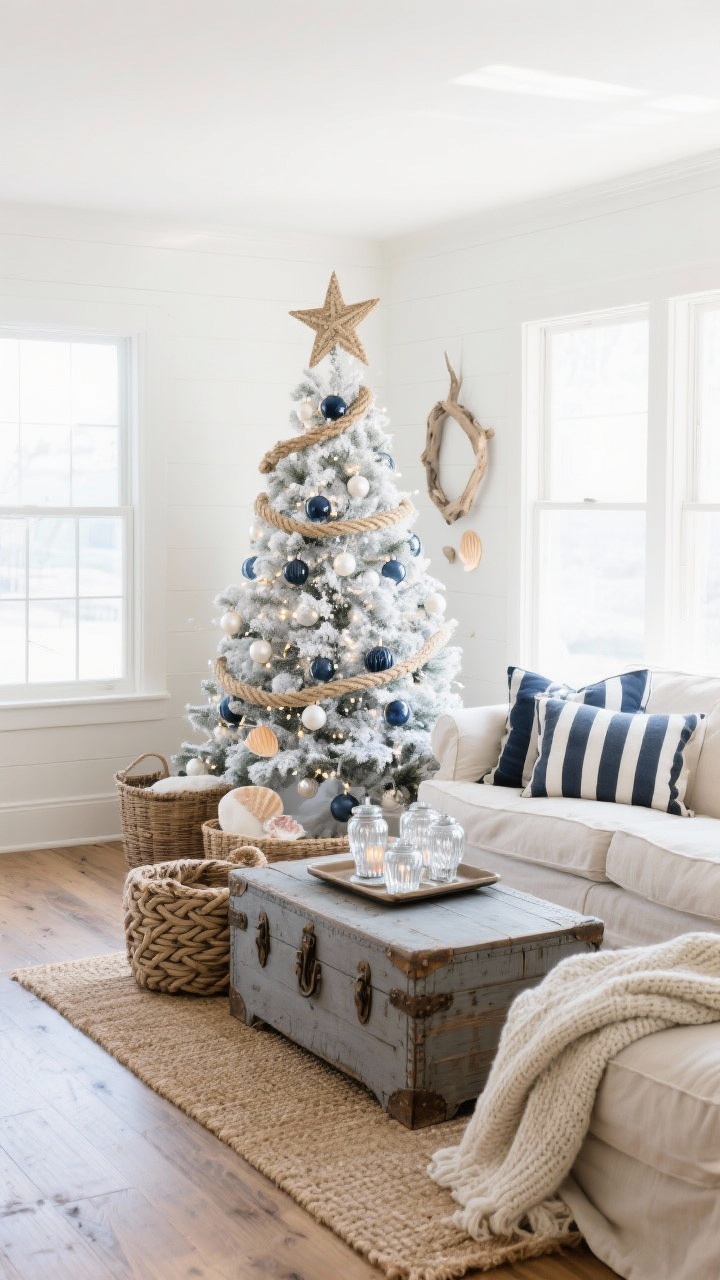Wide room shot — Coastal Holiday: A lightly flocked tree strung with soft white lights, rope garland, driftwood stars, navy-striped glass orbs, pearl-finish baubles, and tiny shell accents. Driftwood star or knotted rope loop topper. The room shows wide-plank floors, a linen slipcovered sofa, navy-and-cream stripe pillows, a weathered trunk as coffee table with a tray of mercury glass votives, woven jute rug, baskets of throws, and a cable-knit tree collar. Color palette: ivory, sand, navy, weathered wood, pewter. Lighting: bright coastal daylight with soft shadows. Angle: corner angle to include windows and airy space.