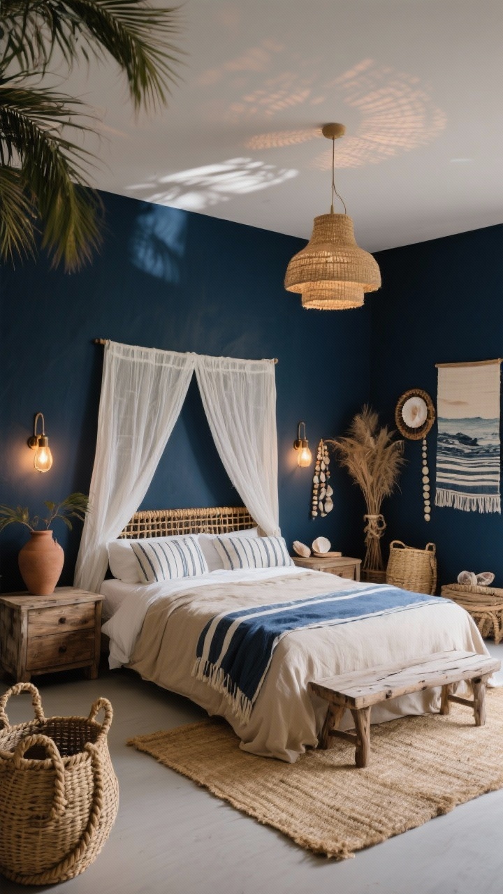 Wide room shot, Coastal Nomad boho bedroom: matte navy walls like twilight, blonde jute rugs, a low-profile rattan bed with linen bedding in sandy beige and a striped indigo throw at the foot. Include reclaimed wood nightstands, a woven bench, rope-wrapped sconces casting a warm glow, oversized seagrass baskets, shell beads, framed coastal textiles, and palm fronds in a clay vase. Add a soft white gauze canopy over the bed and a jute pendant light creating dreamy shadow patterns. Palette: matte navy, sand, driftwood, chalky white. Photorealistic, straight-on view, evening ambient lighting from sconces and pendant.