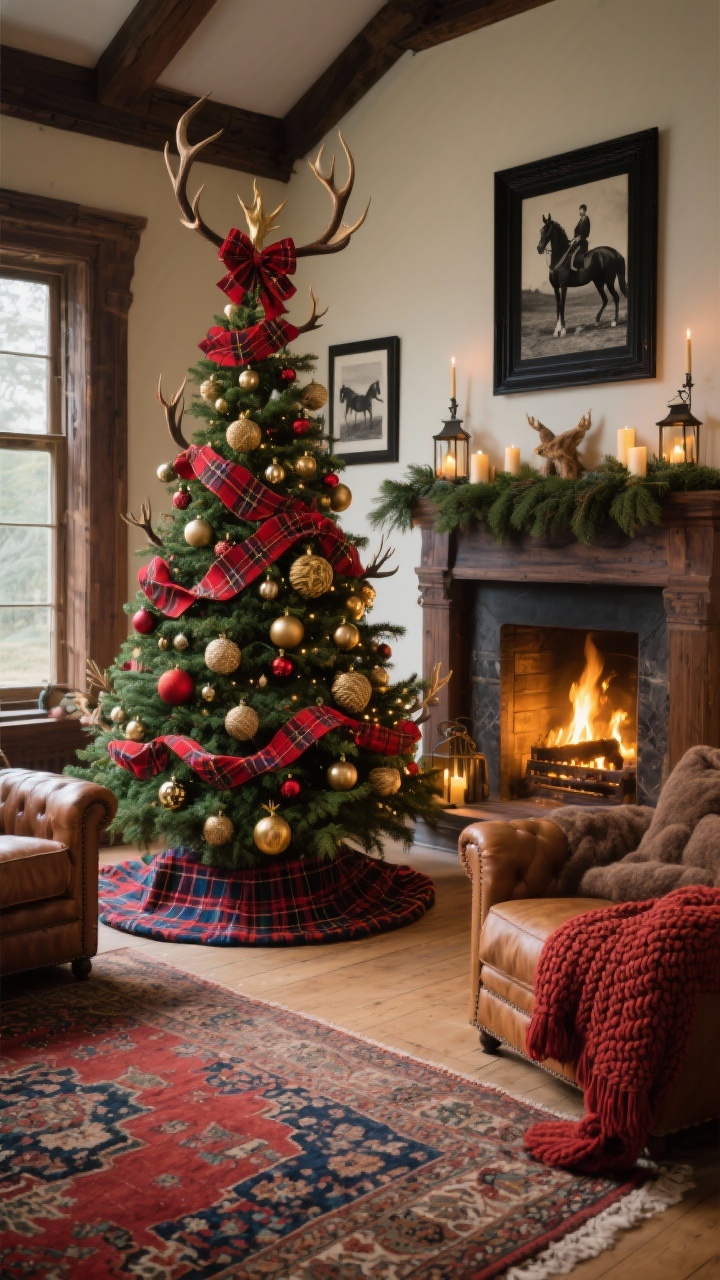 Wide room shot — Highlands Lodge: A classic full fir Christmas tree in a Scottish manor–style living room, draped with Red Stewart tartan ribbon in wide soft waves, matte brass ornaments, wool-wrapped baubles, and faux antler picks adding height. Plaid bow tree topper with trailing tails. The room features tobacco leather club chairs, a chunky cable-knit throw, and a vintage Persian rug in russet and navy. On the mantle: black-and-white equestrian prints in dark wood frames with fresh cedar branches tucked in; lanterns with pillar candles on the hearth; wool tartan tree skirt. Warm firelight and golden ambient glow. Color palette: deep red, forest green, navy, tobacco brown, warm brass. Angle: straight-on, capturing tree and fireplace.