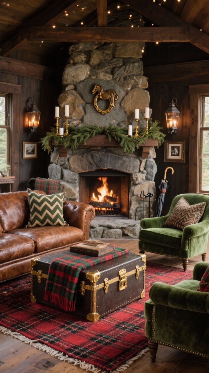 Wide room shot, Highlands Lodge Living Room: A crackling stone fireplace anchors a cozy living room with a tobacco brown distressed leather sofa and two club chairs in forest green velvet, grounded by a red-and-black tartan wool rug. A trunk-style coffee table with brass corners sits center, layered with Ralph Lauren tartan throws and oversized herringbone pillows. The mantel features cedar garland intertwined with antique brass candlesticks; subtle equestrian motifs appear as small stirrup photo frames and a riding-boot umbrella stand by the hearth. Lantern-style sconces and hurricane candles cast warm white twinkle light, highlighting finishes of dark wood, wool tartan, velvet, and aged brass in a palette of tobacco brown, hunter green, oxblood red, and brass. Photorealistic, straight-on perspective.