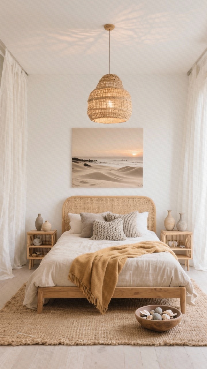 Wide room shot, Sand-Dune Serenity: A calm coastal boho bedroom with soft white walls and floor-length sheer curtains moving gently. Center a low-profile oak bed with a woven cane headboard, dressed in oatmeal linen sheets, a buttery camel throw, and chunky knit pillows in driftwood gray. Ground the space with a natural jute rug. Flank the bed with slim rattan nightstands with open shelving holding ceramic vases in stone and sand tones and a bowl of shells and smooth stones. Overhead, a woven basket-style pendant casts warm, dappled sunset-like light. On the wall, oversized sepia coastal photography. Photorealistic, airy, tactile textures emphasized.
