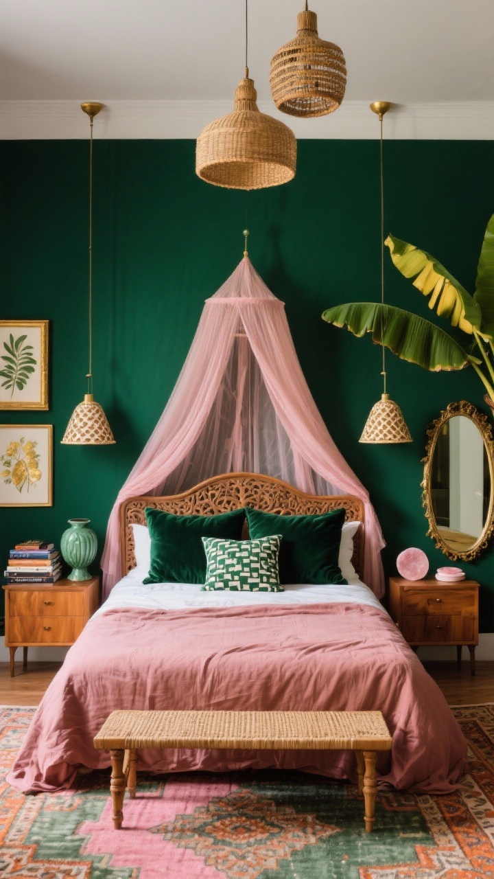Wide room shot, straight-on view: A dramatic boho bedroom with a deep emerald green accent wall behind a low carved-wood bed. Dusty rose linen bedding layered with a gauzy pink canopy draped casually over the headboard, velvet euro shams in dark green, and block-printed pillows. Two rattan pendant lights hang low as bedside lamps, casting soft patterned shadows. A vintage Persian-style rug blends pink, olive, and hints of terracotta beneath the bed. Mid-tone mango-wood nightstands, a slim brass-framed mirror leaning on the wall, and a woven bench at the foot of the bed. Decor includes an oversized banana leaf plant, framed botanical prints with gold accents, stacks of travel books, a jade-glazed ceramic lamp, and rose quartz coasters. Moody, romantic lighting; photorealistic.