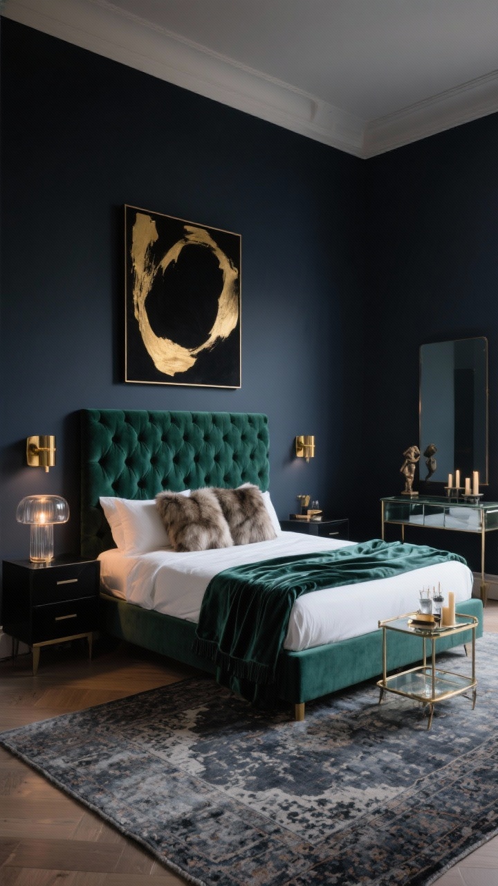 Wide room shot — The Midnight Velvet Penthouse: A sultry, photorealistic bedroom with deep charcoal matte walls and an inky navy undertone, low-profile platform bed featuring a tall, tufted velvet headboard in emerald, crisp white sheets, a silk throw, and two faux-fur pillows. Brushed brass dimmable sconces flank the bed; a low smoked-glass bedside lamp glows warmly. Slim black nightstands, a glass-top console styled as a vanity, and a bar cart with candles and a small sculpture. Floor anchored by an oversized distressed charcoal/Persian-style rug. One oversized black-and-gold abstract artwork centered above the bed. Lighting moody and controlled, corner-angle perspective emphasizing luxe textures and metallic accents.
