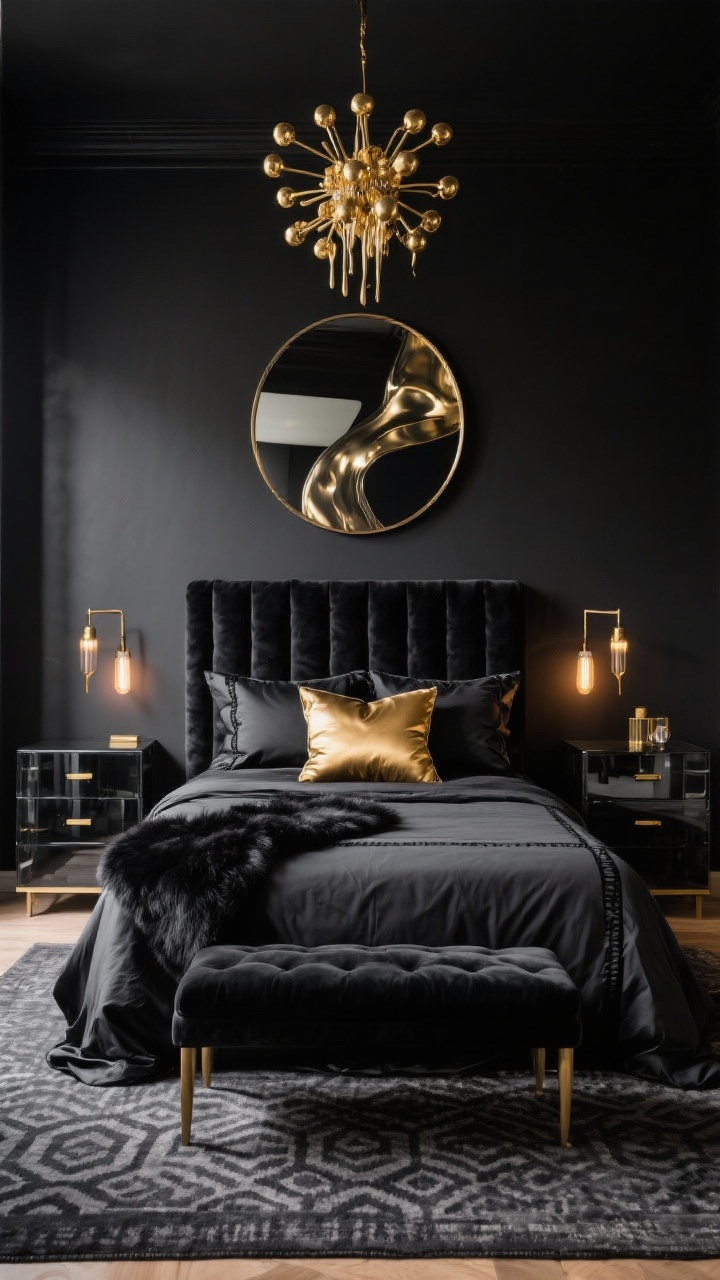 Wide room shot, Velvet Noir Glam With Gold Drip: a moody, luxurious bedroom with matte black walls and a tall channel-tufted velvet headboard in deep onyx, crisp charcoal duvet with black piping, stacked silky black pillow shams plus two oversized gold satin cushions, a black faux fur throw at the foot. Black lacquer nightstands with brushed gold hardware, smoked glass dresser, slim gold sconce arms with warm Edison bulbs, a sculptural Sputnik chandelier overhead. Large abstract black-and-metallic artwork above the bed and a sleek round mirror with a thin gold rim. Grounded by a charcoal Moroccan rug with a faint geometric pattern, black velvet bench at the foot. Warm, dramatic lighting with soft shadows, high-contrast, photorealistic, straight-on view.