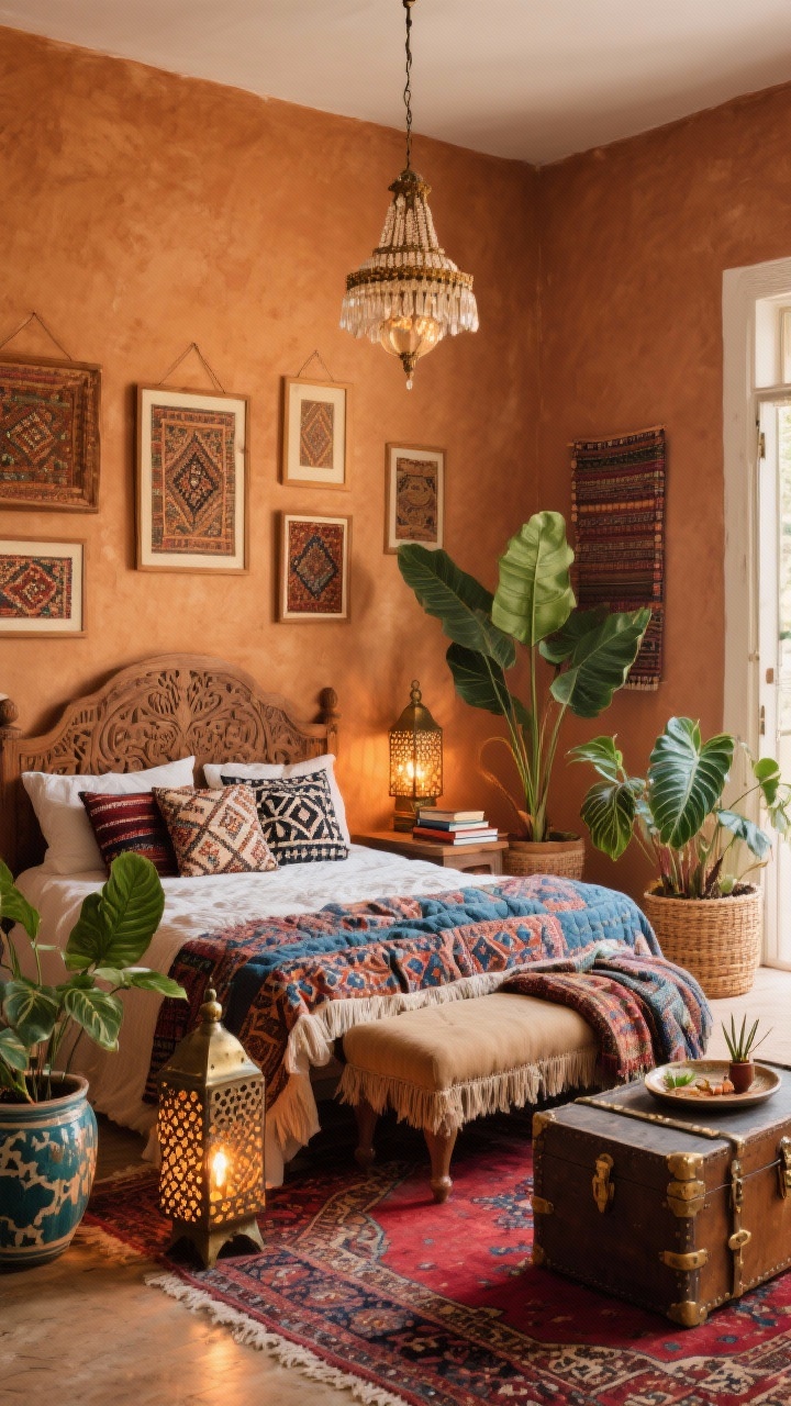 Wide room shot: Vintage Bazaar Haven layered with camel/ochre walls and a saturated Persian/Moroccan rug in ruby and indigo. A carved mango wood bed piled with block-printed quilts and suzani pillows; a low fringed upholstered bench at the foot holding extra throws. Lush plants: rubber plant, ZZ plant, and calathea in a mix of painted ceramics, patinated brass, and woven basket planters. Pierced metal lanterns with warm bulbs casting patterned glow; trunk-style coffee table used as a side table; gallery wall of framed vintage textiles in simple wood frames; beaded chandelier overhead, incense tray, stacked books topped with a small pothos. Photorealistic, golden-hour warmth, slightly angled perspective from doorway, rich and soulful, no people.
