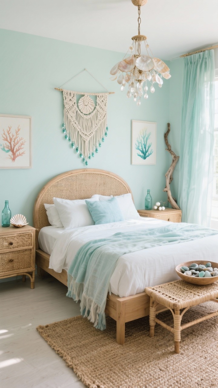 Wide, serene bedroom shot in soft morning natural light: seafoam greens, soft teals, and milky seaglass blues define the palette; a curved rattan headboard with shell silhouette anchors a low-profile wood bed layered with linen bedding and gauzy throws; rattan nightstands with seaglass bottles and a shell trinket dish; a handwoven macramé wall hanging with tiny bead droplets; sheer curtains billow; a vintage-look capiz shell chandelier scatters pearly light across the room; woven bench at the foot of the bed; jute rug underfoot; watercolor coral prints on the wall; bowl of polished pebbles on the dresser; driftwood and pearl accents; photorealistic, calm tide-pool mood.