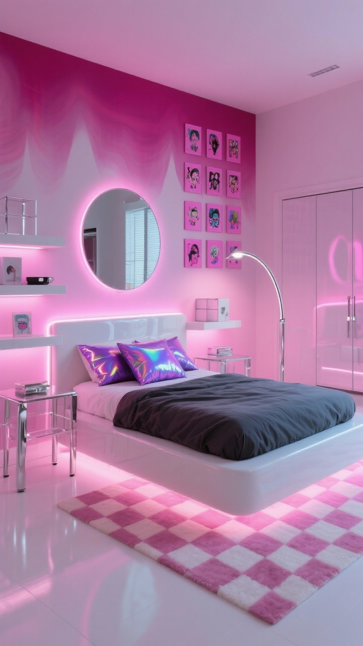 Wide shot, Cyber-Pop Pink With Chrome and LEDs: A futuristic bedroom with cool-toned pink walls featuring a gradient mural from magenta to cotton-candy. A white glossy platform bed with charcoal bedding and iridescent accent pillows sits center. RGB LED strips glow behind the headboard and under floating shelves. Furniture includes chrome-legged nightstands, an acrylic wardrobe, and modular cube shelves. A frameless round mirror with backlighting and a grid of mini pop-art pink canvases hang on the wall. Ground the scene with a white-and-pink checkerboard rug and a chrome arc floor lamp. Palette: cool pink, charcoal, chrome, holographic lilac. Nighttime LED mood, corner angle.