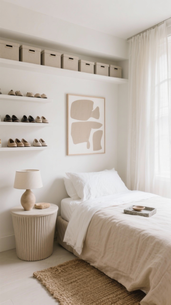 Wide shot, Model-Off-Duty Minimalist: serene small bedroom with warm white micro-limewash walls, monochrome layers in oatmeal, stone, and ivory. A linen slipcovered bed in sandy beige anchors the space; beside it, a curved nightstand with ribbed detail and a sculptural ceramic lamp. Along one wall, ceiling-height shelves with matching storage boxes and a neat row for shoes, creating clean symmetry. A single oversized abstract canvas in muted neutrals above the bed, a stone tray on the nightstand, and a natural jute rug grounding the palette. Sheer floor-to-ceiling drapes softening natural light to amplify height. Straight-on, bright and airy, photorealistic.
