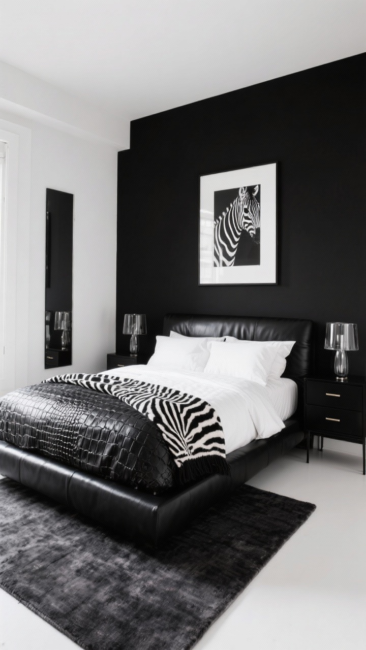 Wide shot, Monochrome Midnight bedroom: a small glam room with a charcoal/black accent wall behind a low-profile black faux-leather platform bed, crisp white walls elsewhere. Bedding layers: white percale sheets, black quilted coverlet, and a single dramatic zebra or croc-textured throw. Floating black nightstands with hidden drawers, smoked glass lamps, a skinny floor mirror leaning to elongate the space, a tight-knit charcoal rug extending just beyond the bed’s footprint. A single oversized black-and-white photograph centered above the headboard. High-contrast, glossy accents that bounce light, moody yet airy, photorealistic, straight-on view.
