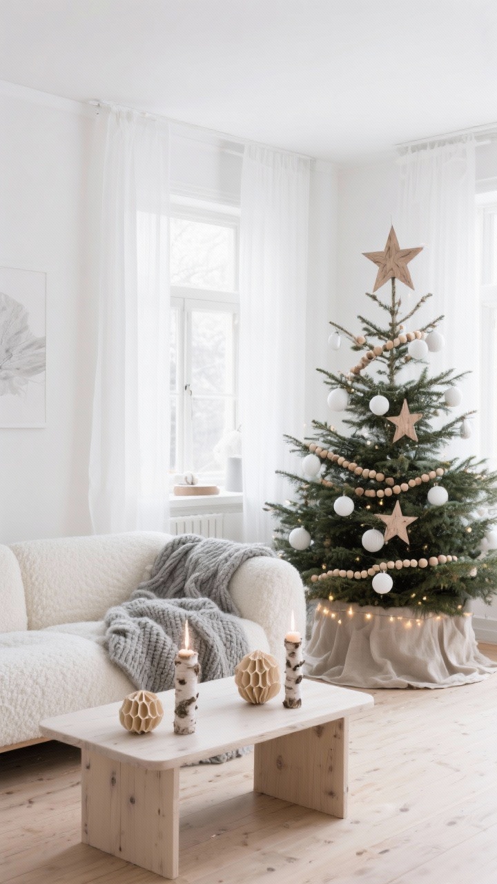 Wide shot, Nordic Snowfall Living Room: A bright, airy living room with white walls, pale oak floors, and a cloud-soft cream boucle sofa; a slim natural fir tree decorated with unfinished raw wood bead garlands, matte white baubles, and hand-carved-looking wooden stars; palette of white, natural wood, and soft gray; a low bleached-wood coffee table with birch-wrapped candles and paper honeycomb spheres; chunky knit throw in soft gray draped on the sofa; linen tree skirt in oatmeal; warm micro fairy lights on the tree, no harsh twinkle; minimal, calm, cozy Scandinavian mood, soft daylight through sheer windows.
