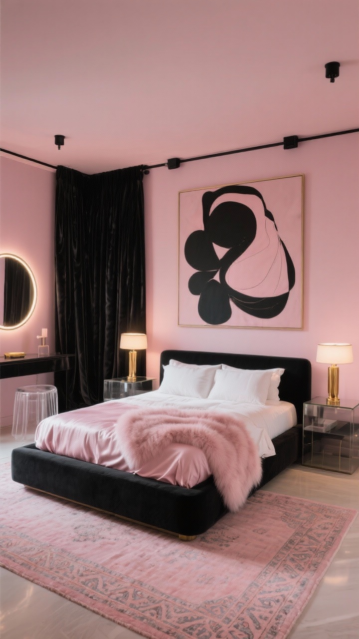 Wide shot, Soft-Power Blush With Black Accents: A photorealistic bedroom with silky blush pink walls and matte black hardware, anchored by a low-profile black platform bed dressed in rose sateen bedding with a blush faux-fur throw. Smoked-glass nightstands flank the bed with oblong brass lamps casting a warm glow. Oversized abstract art in black and blush hangs above the headboard. Floor-length black velvet drapes puddle dramatically, a blush Moroccan-style rug softens underfoot. Include a vanity nook: round backlit mirror and clear acrylic stool. Palette: blush, black, brass, soft ivory. Textures: sateen, faux fur, smooth glass, matte metal. Evening lighting, no people, straight-on view.