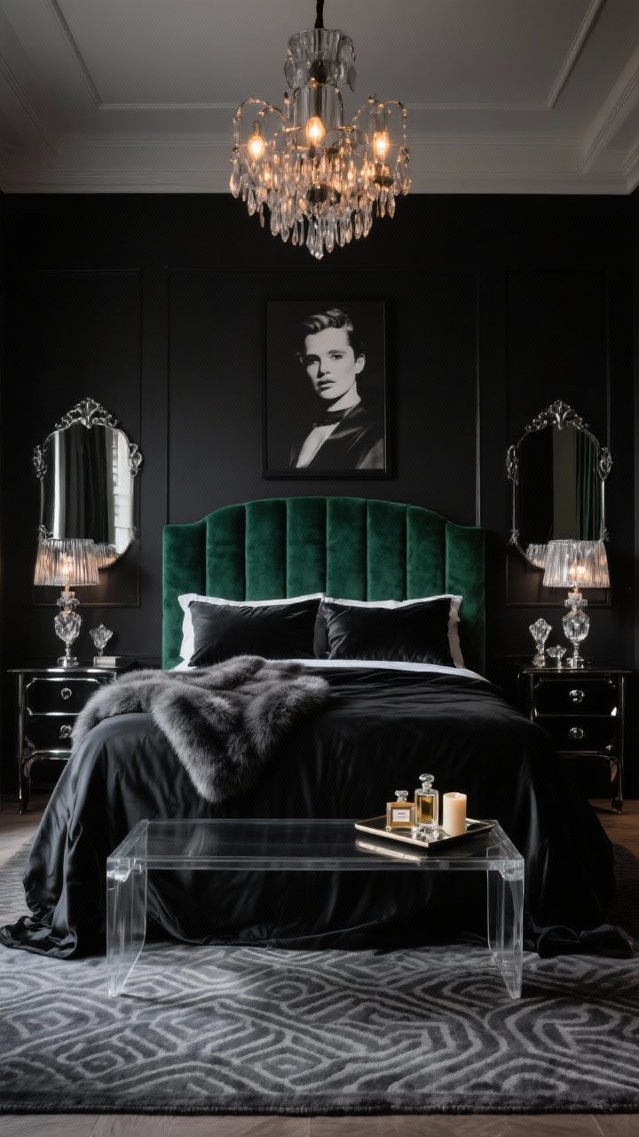 Wide shot, straight-on view: A moody Velvet Noir Glam bedroom with a matte black accent wall behind a channel-tufted velvet headboard in deep emerald, black sateen duvet with silk pillowcases and a charcoal faux fur throw, oversized charcoal rug with a subtle Art Deco pattern, smoked glass chandelier with warm bulbs casting a sultry glow, antique mirror nightstands topped with crystal lamps, polished chrome/black nickel hardware details, overscale black-and-white portrait art, a clear lucite bench at the foot of the bed holding a tray with candles and perfume bottles; Old Hollywood after-dark atmosphere, photorealistic, no people.