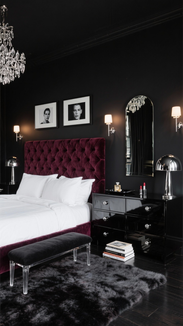 Wide shot, Velvet Noir Glam With Mirror Shine: A sultry, cinematic bedroom with matte black walls and an oversized channel-tufted velvet headboard in deep merlot, crisp white hotel bedding layered with a merlot velvet quilt. Low, luxe furnishings: a lacquered black dresser with chrome pulls, mirrored nightstands, and a slim Lucite bench at the foot of the bed. Lighting includes a crystal Sputnik chandelier and dimmable wall sconces casting flattering warmth. A smoked mirror hangs above the dresser; chrome mushroom lamps reflect on glossy surfaces. On the floor, a high-pile charcoal faux fur rug. Oversized black-and-white portrait photography in silver frames on the walls. Styled with a glossy black tray holding perfume and a high-gloss lipstick holder, plus a small stack of coffee-table books. Photorealistic, moody, reflective, straight-on view.