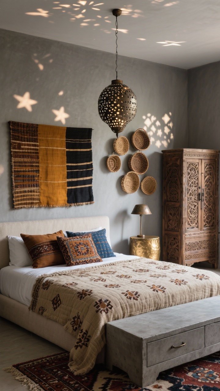 Wide straight-on — Global Textiles Retreat: A greige-walled bedroom with a low upholstered bed in oatmeal tweed layered with a hand-blocked quilt, mudcloth pillows, a suzani lumbar, and a Turkish kilim at the foot; a carved Indian armoire to one side and a round hammered-brass side table adding warm shine; pierced metal pendant overhead scattering starry shadows, plus a patinated task lamp on the side table; a gallery of woven baskets on the wall and a single oversized textile used as a headboard alternative; palette notes of burnt umber, indigo, turmeric, charcoal, and ivory; a concrete-topped dresser balancing the patterns; evening ambiance with patterned light play, photorealistic, no people.