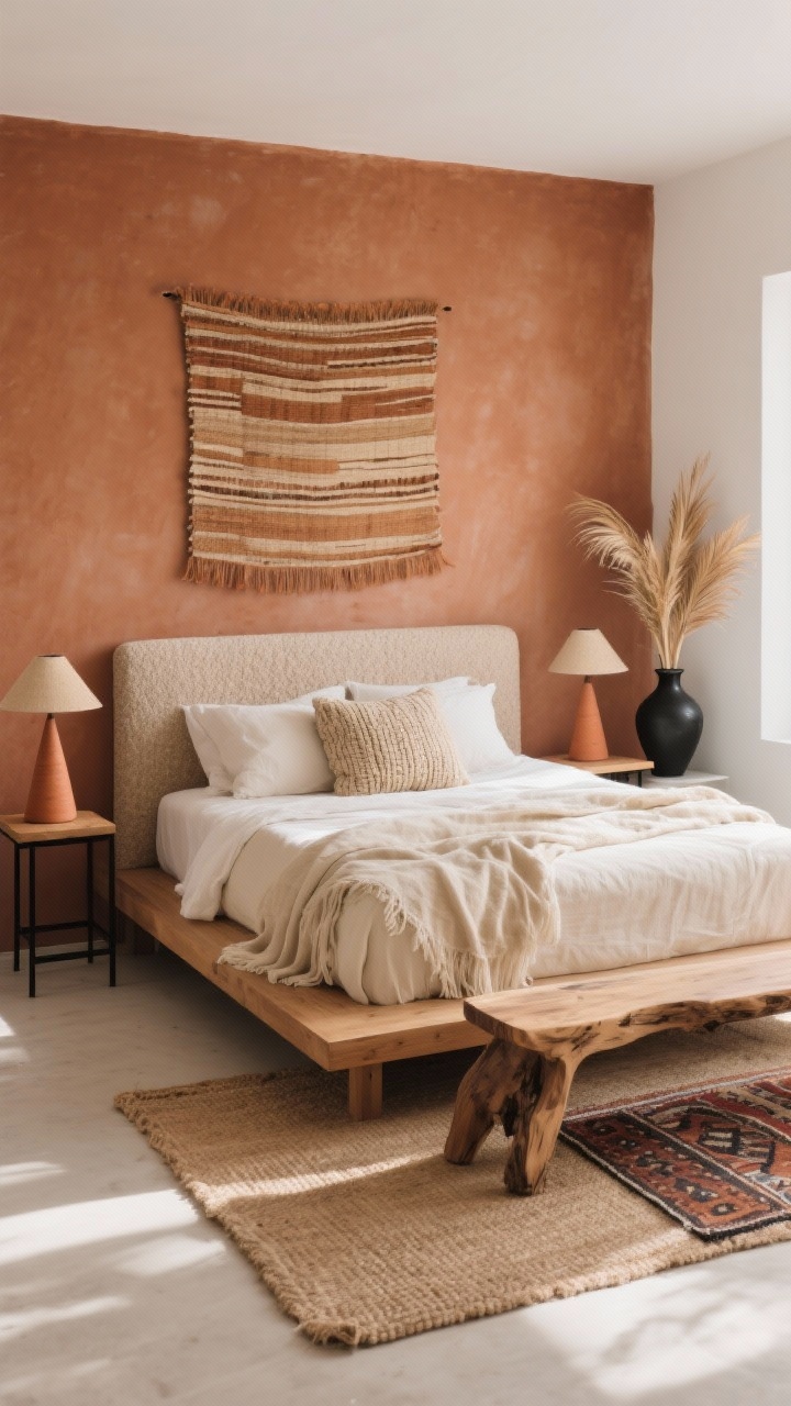 Wide, straight-on shot of an earthy neutral boho-modern bedroom bathed in warm afternoon light: low-profile oak platform bed with a boucle or linen headboard centered against a muted terracotta accent wall, soft white on remaining walls; slim black metal nightstands with cone-shaped ceramic table lamps in sand/terracotta; large tone-on-tone woven wall tapestry over the bed; bedding layered with cream linen duvet, cotton gauze throw, chunky knit lumbar pillow; floor grounded by a flatweave jute rug layered with a smaller hand-knotted Moroccan-style runner; live-edge wooden bench at the foot; tall vessel with a sculptural dried palm arrangement; matte black accents and rich wood details, minimal yet texturally lush, no people, photorealistic.
