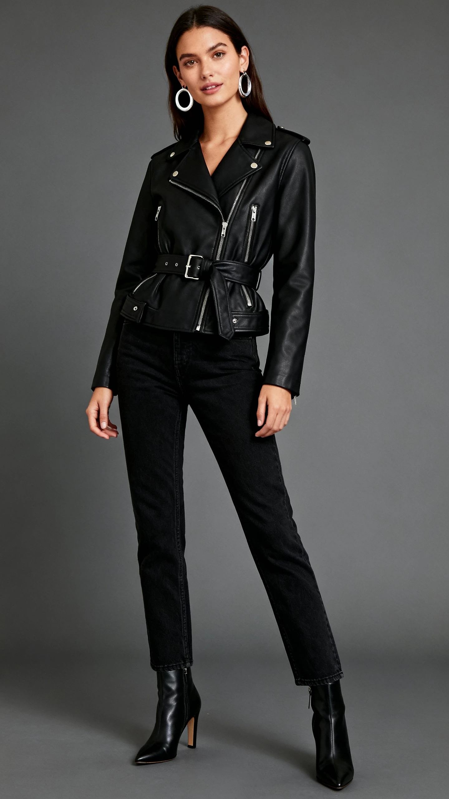 Editorial studio shot of a woman wearing a black belted moto jacket with black coated jeans, sleek heeled ankle boots, and bold earrings; charcoal gray background, crisp studio lighting, poised natural stance, clean composition, night-out edge.