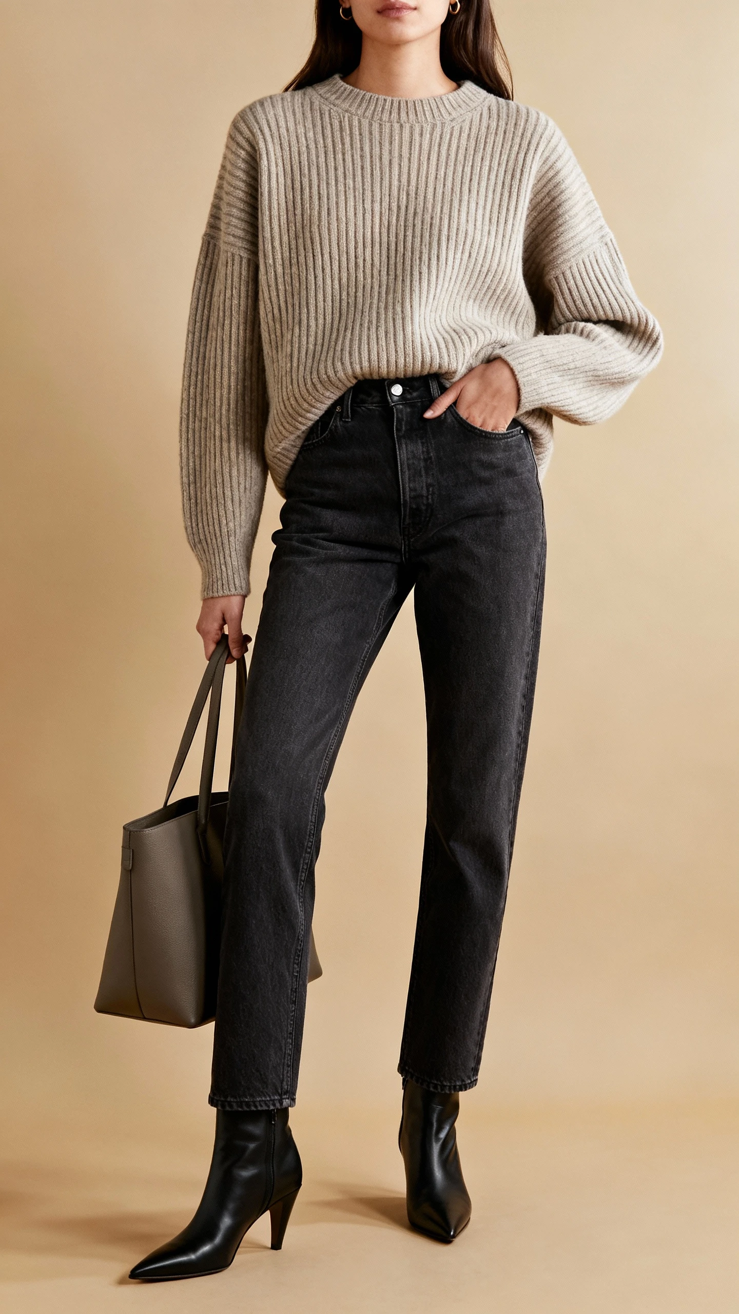 Editorial style photo of a woman in an oversized ribbed knit sweater tucked into dark-wash denim, pointed ankle boots, and a structured tote; tan background, soft studio lighting, relaxed stance, clean composition, polished fashion photography.