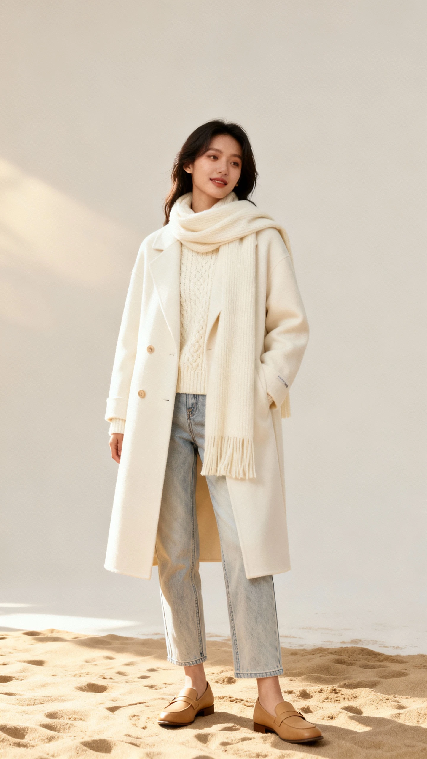 Studio fashion image of a woman in tonal creams: cream coat over a cream knit with light-wash denim, cream scarf, and tan loafers; sand background, soft studio lighting, gentle natural pose, clean composition, warm winter glow.