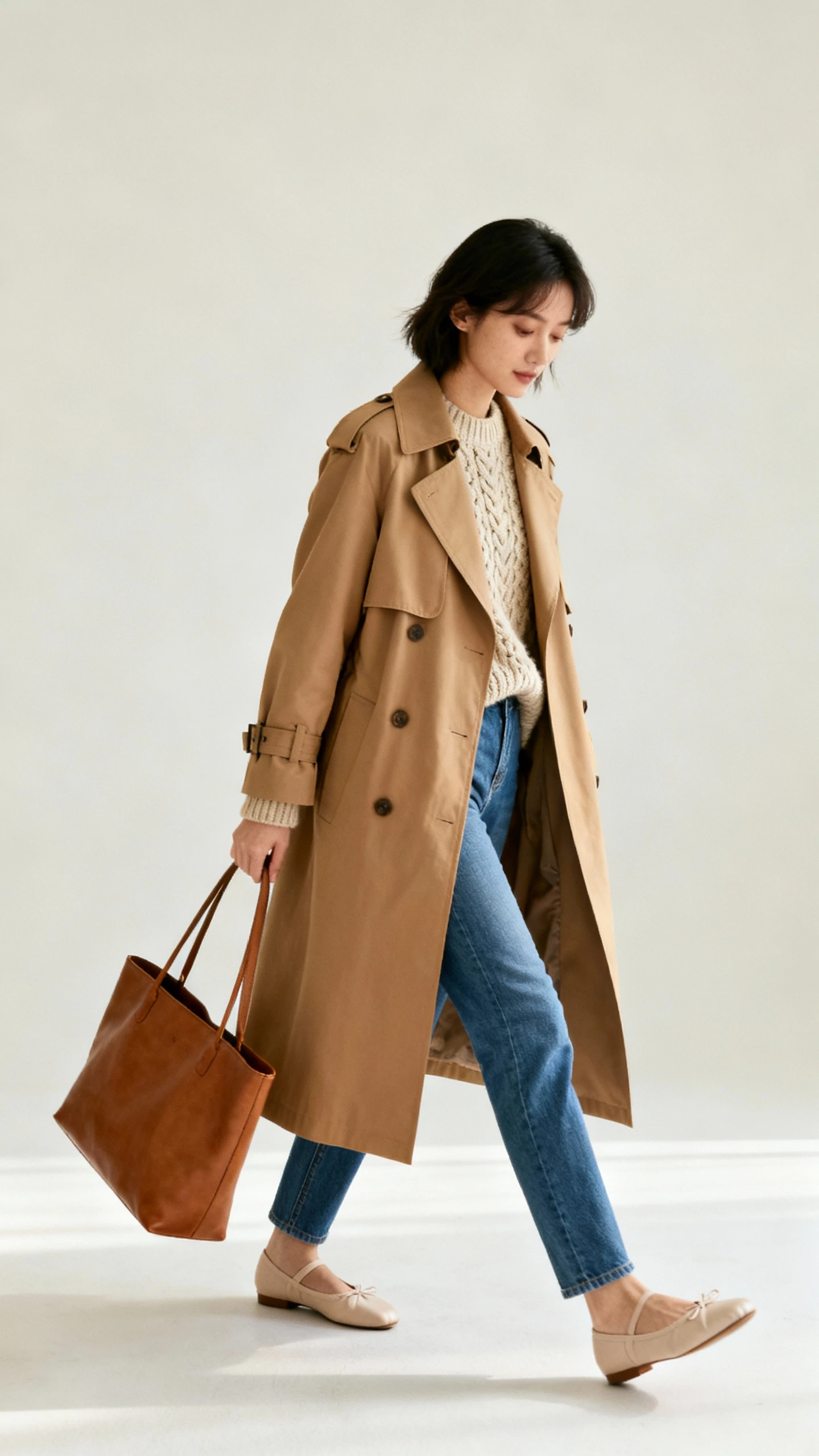 Studio fashion photo of a woman in a classic camel trench layered over a chunky knit with mid-blue jeans, ballet flats, and a simple leather tote; off-white background, soft studio lighting, walking-in-place natural pose, clean composition, timeless feel.