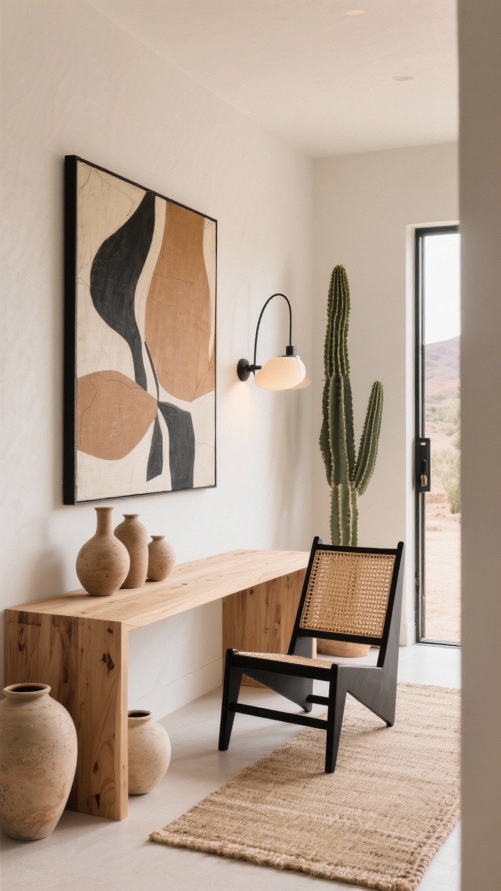Angled entryway shot, Desert Modern: A clean light-oak console beneath a large abstract art piece. A sculptural angular rattan accent chair with black-lashed joints sits under a curved wall sconce. Ground the scene with a flatweave rug in sandy tones and a cluster of raw earthenware vases; a tall cactus or yucca adds vertical interest. Materials mix: oak, matte black metal, raw clay, woven fiber. Tone-on-tone palette of camel, tan, charcoal, and bone. Crisp natural light with subtle sconce glow, high contrast yet warm, photorealistic, no people.