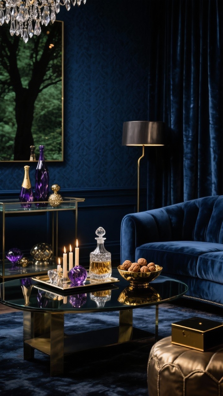 Closeup detail, Midnight Luxe Glam vignette: navy wall or midnight grasscloth backdrop with low, moody lighting. Smoked glass coffee table holding mirrored tray with candle clusters, cut-crystal decanter from a nearby smoked-glass bar cart edge in frame, and a bowl of gilded walnuts. Color palette of ink blue, deep plum, champagne gold, and jet black shown via champagne ornaments and amethyst glass decor on a deep green or black tree bokeh in background. Textural hints: curved velvet sofa edge, silk-blend rug sheen, layered velvet curtains softly puddling, metallic pouf corner, lacquered box. Faceted crystal chandelier sparkle reflecting subtly; photorealistic, dramatic evening ambiance.
