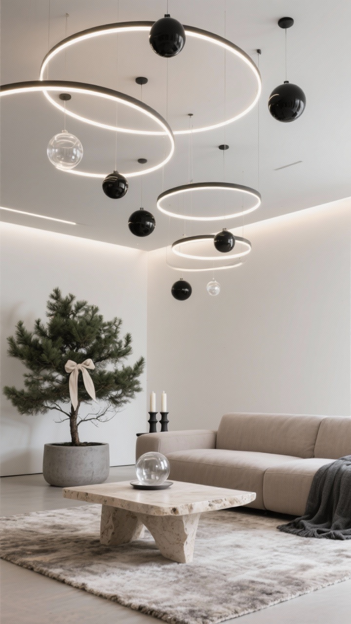 Closeup/detail, photorealistic: A minimalist lounge ceiling with thin LED light hoops of varied sizes hanging like halos, dimmable and softly glowing; a few suspended matte black ornaments punctuating the composition. Below, a low-profile sofa in soft taupe with a graphite throw, a sculptural travertine coffee table, and a wool rug with subtle texture. A single evergreen in a concrete planter and minimal clear glass ball ornaments with linen ribbon on a barely-decorated tree; ceramic candleholders nearby. Black, white, and taupe palette, calm and curated, clean architectural lines, upward-looking angle focusing on the halos.