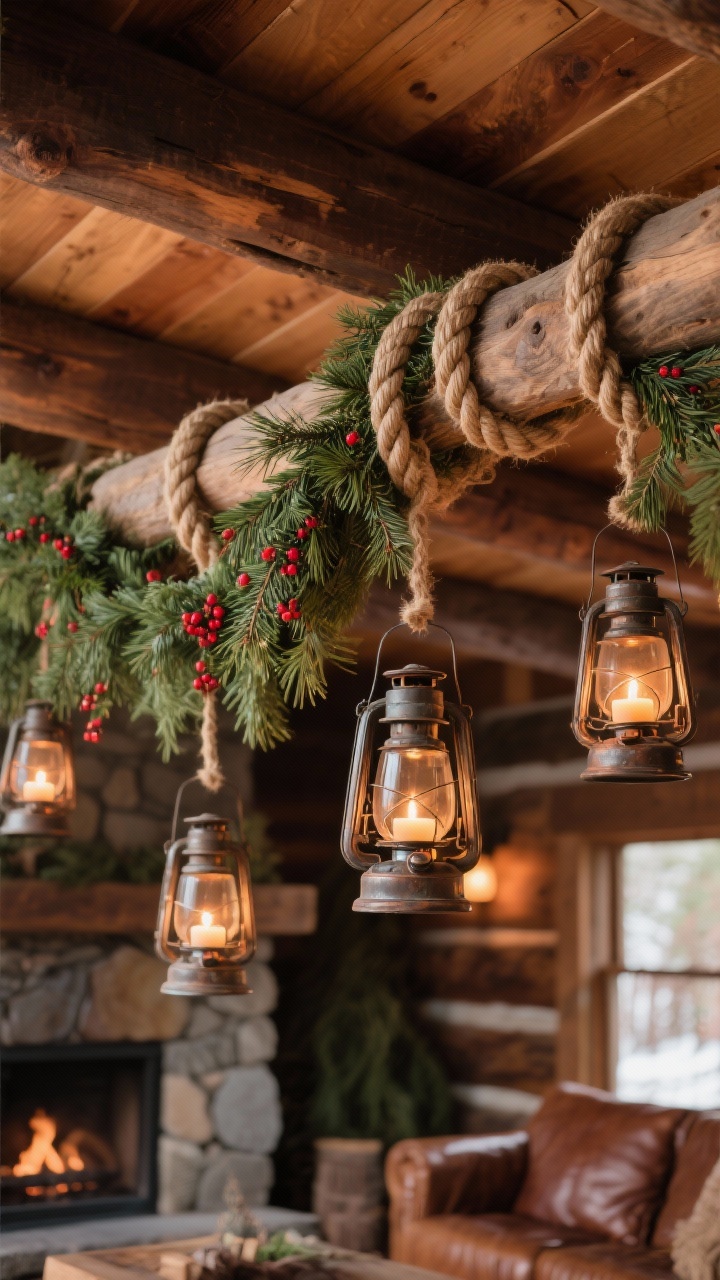Closeup detail, Rustic Woodland Cabin: A tight shot looking upward at thick jute rope strung across wood ceiling beams with fresh cedar garlands draped between them, dotted with red berries. A few hanging lanterns with battery candles glow warmly at varied heights, casting soft light on the greenery. Background hints of a stone fireplace and leather textures. Palette: tobacco brown, terracotta, pine green. Texture focus: cedar needles, jute fibers, aged metal lanterns. Photorealistic, intimate cabin mood, shallow depth of field.
