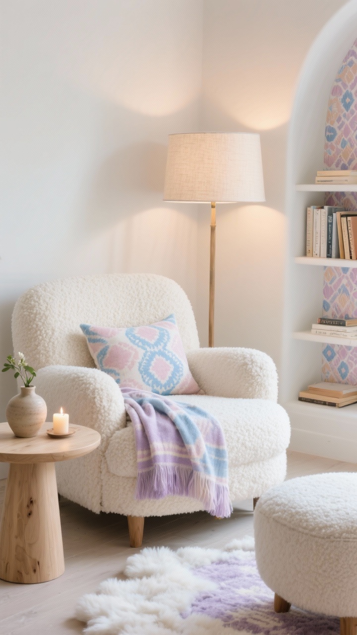 Closeup detail shot of a cozy reading nook: cream bouclé oversized armchair with a soft pastel adire throw (blush, sky blue, or pale lavender) draped over the back, showing the hand-dyed pattern and plush texture; small lumbar pillow in a complementary pattern; edge of a light wood petite round side table with a ceramic bud vase and a lit scented candle; glimpse of a narrow bookcase with adire-backed shelves in soft pastels; fluffy, cloud-like rug and a small footstool partially in frame; arched floor lamp with a linen shade casting a warm, diffuse glow; palette of cream, blush, sky blue, pale lavender, and light oak; photorealistic, serene and inviting.