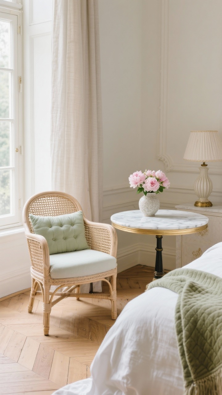 Closeup vignette, Parisian Chic Bedroom Sitting Area: Focus on a delicate lightweight rattan chair with caned sides and a tufted cushion placed near a tall window, paired with a petite marble-topped bistro table holding a small vase of peonies. Background hints of creamy wall molding and herringbone wood floors. Include a fluted ceramic lamp and glimpses of a bed dressed in crisp white linen with a quilted sage throw; textiles like linen drapes and a nubby bouclé pillow visible. Palette of ivory, sage, blush, and antique gold. Soft morning natural light, elegant and airy, photorealistic, no people.