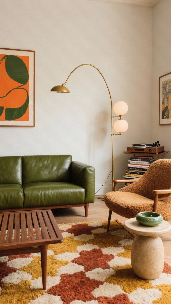 Corner-angle medium shot, mid-century living room: a low, boxy forest green leather sofa with tapered walnut legs on a patterned wool rug featuring rust, mustard, and cream. Walnut slatted coffee table in front; classic arc floor lamp sweeping over the seating. A curved camel bouclé accent chair and a round ceramic side table soften the space. Wall art: a bold graphic print in orange and moss. Lighting includes opal glass globes and a brass swing-arm wall light. Accents: record player setup, stacked art books, ceramic catchall in avocado. Palette: forest, walnut, rust, mustard, cream. Photorealistic, warm and retro.