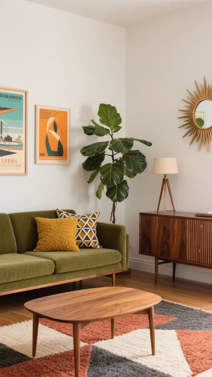 Corner-angle medium shot, mid-century olive setting: a structured olive sofa on tapered legs faces a warm walnut credenza and slatted walnut coffee table; flat-weave geometric rug in rust, cream, and slate underfoot; tripod floor lamp to one side, sunburst mirror on the wall; pillows in nubby boucle, mustard, and small-scale geometrics; vintage travel posters/abstract prints in ochre and teal; a tall fiddle-leaf fig adds height beside the sofa; restrained, tailored, playful, photorealistic.