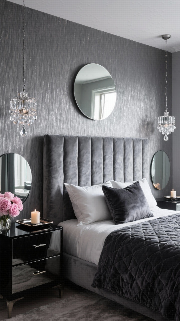Corner angle medium-wide, glam graphite bedroom: graphite grasscloth wallpaper shimmering subtly, tall channel-tufted headboard in velvet smoke, bed layered with satin pillows and a charcoal velvet quilt; mirrored nightstands reflecting light, crystal drop pendants hanging instead of lamps; a lacquered dresser topped with a large round mirror bouncing bright highlights; finish with a black-lacquer tray holding a candle and pink peonies; sleek, reflective, dramatic lighting; photorealistic.