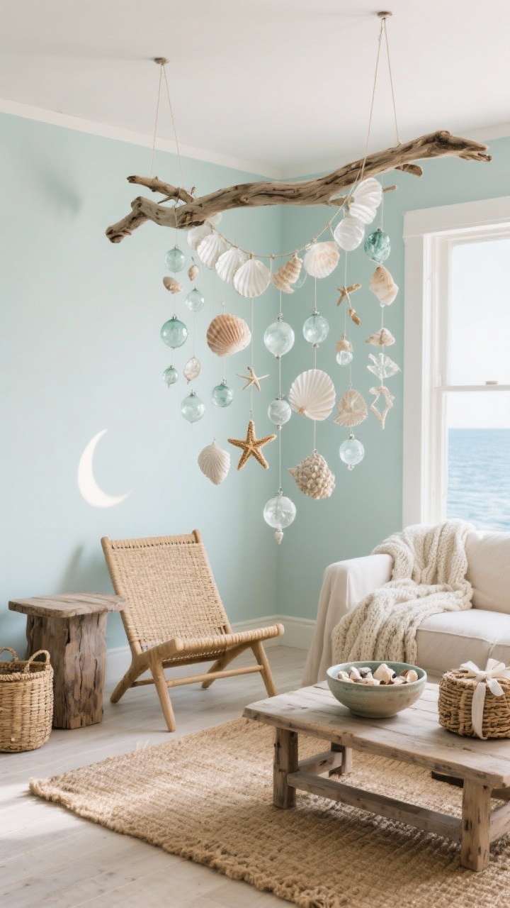 Corner angle shot, photorealistic: A coastal living room corner with light sand-colored or pale aqua walls, featuring a sculptural driftwood branch suspended from the ceiling by invisible fishing line. From it, a cascading constellation of frosted glass baubles, seashells, starfish ornaments, and capiz shell garland. Beneath, a jute rug anchors a rattan lounge chair and a reclaimed-wood side table; nearby, a linen slipcovered sofa with a chunky knit throw. A ceramic bowl of collected shells on the table; woven baskets for gifts. Palette: sand, sea glass, white, weathered wood. Breezy, luminous daylight with gentle highlights like moonlight on water, no people.