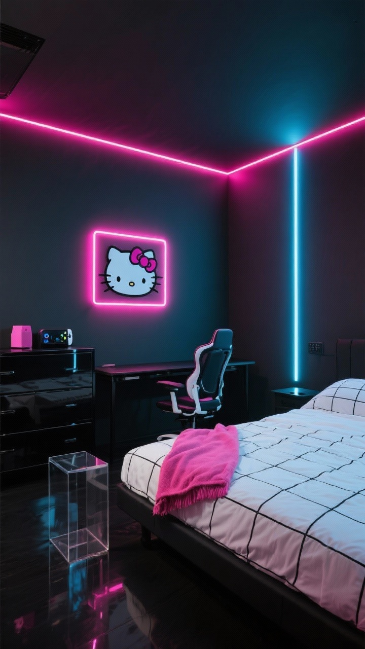 Corner wide shot, Tokyo Arcade Neon bedroom: charcoal to midnight dark walls making neon colors pop; a low minimalist white bed with black-and-white grid sheets and a single pink throw; glossy black dresser and lucite side table; gaming-style desk chair at a sleek desk; a wall-mounted Hello Kitty print with an LED strip halo backlight; hot-pink and electric-blue vertical light bars glowing in the corners; acrylic and glossy textures with LED glow reflections; palette black, white, hot pink, electric blue; moody, high-contrast night lighting.