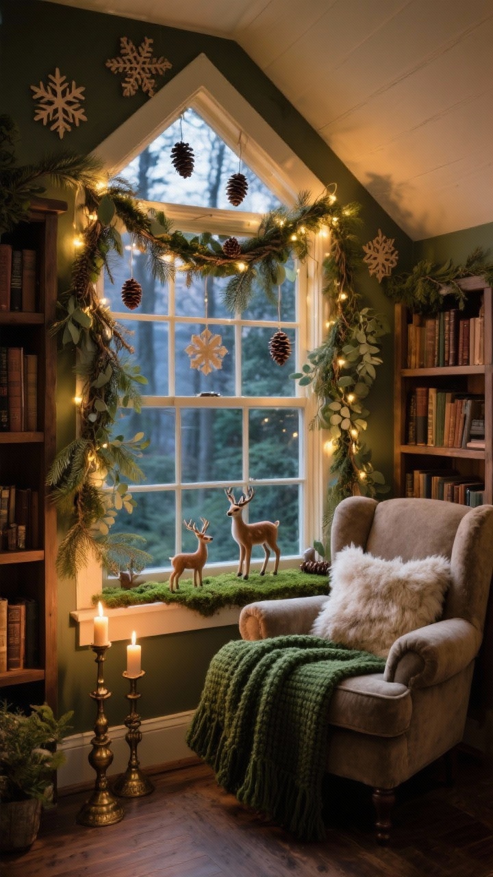 Cozy nook medium-wide, woodland storybook den: window framed with layered garlands mixing cedar, pine, and eucalyptus woven with twinkle lights; from the top, a few wooden snowflakes and paper pinecones hang at varied heights; sill set as a miniature scene with a narrow moss runner, tiny deer figurines, and aged brass candlesticks with flameless tapers; flanking bookshelves in forest tones; an overstuffed armchair with a shearling pillow and a forest-green knit blanket; palette of moss, sage, walnut, and soft gold; warm, magical evening glow; angled corner view, photorealistic.