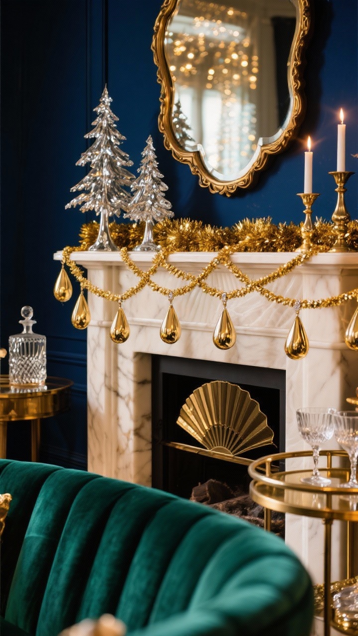 Detail closeup, angled from mantel height: Art Deco glam parlor textures and sparkle. Deep navy wall as backdrop with gold tinsel garland and vintage-inspired gold-tinted teardrop bulbs on twisted cord draped like jewelry around a scalloped mirror edge. Mantle vignette of mercury glass trees, crystal candlesticks, and reflections creating a champagne-tinted twinkle. Hints of fan motifs and metallic ribbons; a blurred emerald curved velvet sofa and round brass bar cart with coupe glasses and a cut-glass decanter in the background. High-drama glow on glow.