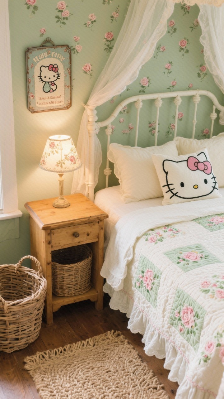 Detail closeup, angled overhead: Cottagecore Kitty textures and decor on a white spindle bed dressed in a hand-stitched floral quilt and scalloped bed skirt, with embroidered pillow shams featuring Hello Kitty’s bow. Background hints of muted sage green wall and small-scale rosebud wallpaper panel behind the headboard. On a honey-oak nightstand, a delicate framed cross-stitch of Kitty and a vintage-style tin sign edge into view; floral lampshade glow adds warmth. Woven willow baskets and braided jute rug texture at the frame edge; lightweight voile canopy drapes softly. Palette: sage, buttercream, rose, warm oak. Photorealistic, cozy lamplight.