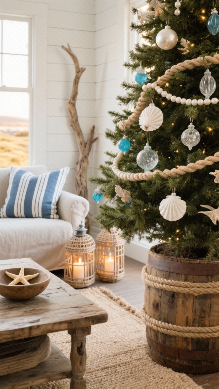 Detail/closeup — Coastal Cottage: A rope-wrapped wooden barrel base elevating the Christmas tree, shot at a slight low angle to emphasize height and texture. Surroundings hint at the room: white shiplap walls, sand-colored jute rug edges, and the corner of a slipcovered sofa. Decor details include striped blue-and-white pillows nearby, driftwood accents, and woven lanterns with soft flameless candle glow. On the tree: pearlescent shell ornaments, frosted glass, and sea-glass blue pieces, with a natural rope or bleached wooden bead garland. Weathered wood coffee table edge with a bowl of starfish slightly out of focus. Golden coastal evening light, photorealistic.