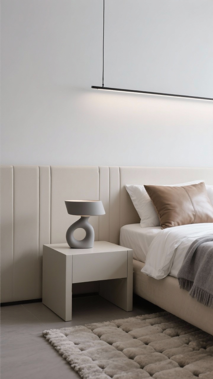 Detail closeup, Contemporary Minimalist With Sculptural Moments: straight-on, tight crop of a cool light grey wall meeting a low beige channel bed, showing the precise channels and clean seams; sleek slab-style nightstand with a single sculptural table lamp (abstract, matte form) and nothing else; bone-colored percale sheets with a cashmere grey blanket folded crisply, one oversized pebble-leather lumbar pillow; the edge of a hand-tufted tonal rug grounding the scene; thin black linear pendant subtly visible above, gallery-clean minimal lighting, photorealistic.