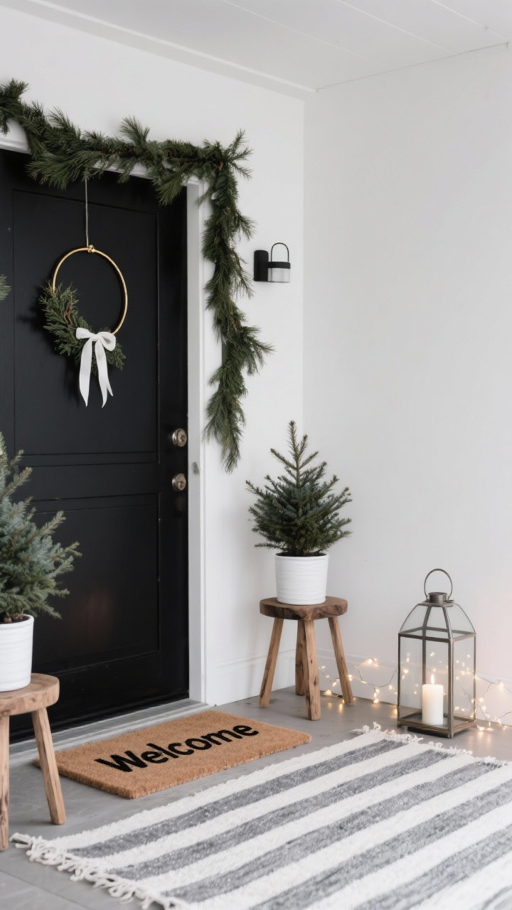 Detail/closeup corner-angle photorealistic shot for Nordic Minimal Winter: focus on a matte black door with an asymmetrical spruce garland draped from top-left to bottom-right, and a minimal thin brass hoop wreath with a small cedar cluster and a single white ribbon tail. In the foreground, raw wood stools act as stands for slim potted evergreens in white ceramic planters. Underfoot, a neutral striped outdoor rug layered with a crisp “Welcome” mat in black type. Soft micro fairy lights add a delicate glow and one sleek oversized lantern with a pillar candle sits to the side. Colors: white, black, soft gray, natural wood. Clean, airy, modern, with cool, soft lighting.
