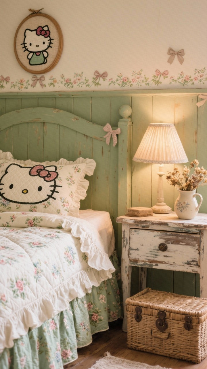 Detail closeup — Cozy Cottagecore Kitty Retreat: A tight, styled vignette of a sage-painted wooden bed corner with a quilted Hello Kitty coverlet in ditsy florals draped over a ruffled linen bed skirt, adjacent to a mismatched vintage nightstand with a pleated shade lamp casting warm light, tiny floral wallpaper border with bows in the background, a woven basket trunk peeking at the foot of the bed, a sprig of dried flowers in a ceramic pitcher, and an embroidered Hello Kitty hoop art on the wall; textures of ruffles, wicker, and washed wood; warm, storybook sweetness.